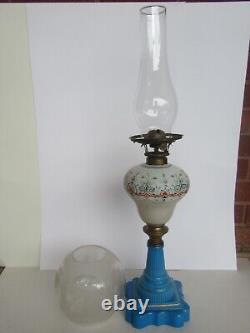 Orig 19th Century Boston & Sandwich Glass Blue Baroque Painted Font Oil Lamp