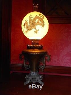 Original Antique Bradley & Hubbard Dragon Gwtw Oil Lamp Gold Gilt Globe Shade