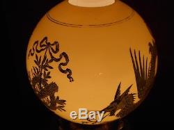 Original Antique Bradley & Hubbard Dragon Gwtw Oil Lamp Gold Gilt Globe Shade