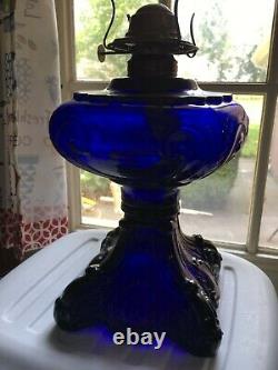 Original Antique Cobalt Princess Feather Oil Lamp