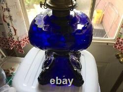 Original Antique Cobalt Princess Feather Oil Lamp