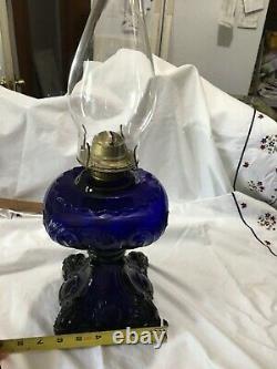 Original Antique Cobalt Princess Feather Oil Lamp