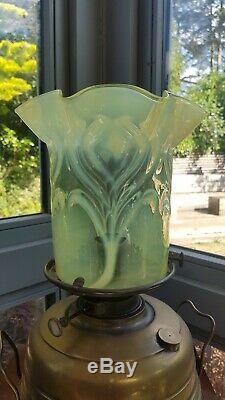 Original VICTORIAN Yellow Green Vaseline Glass Oil Lamp Shade & Huge Heater Lamp