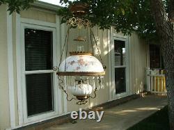 Original Victorian Hanging Parlor Lamp, Library, Oil, GWTW, Antique, Prisms