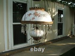 Original Victorian Hanging Parlor Lamp, Library, Oil, GWTW, Antique, Prisms