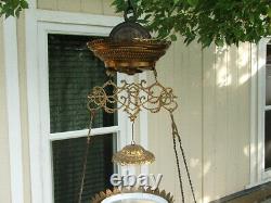 Original Victorian Hanging Parlor Lamp, Library, Oil, GWTW, Antique, Prisms