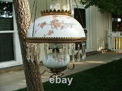 Original Victorian Hanging Parlor Lamp, Library, Oil, GWTW, Antique, Prisms