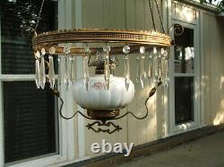 Original Victorian Hanging Parlor Lamp, Library, Oil, GWTW, Antique, Prisms