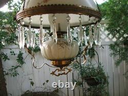 Original Victorian Hanging Parlor Lamp, Library, Oil, GWTW, Antique, Prisms