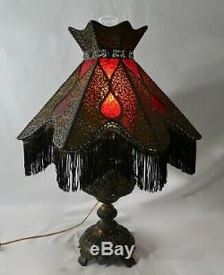 Original Victorian Oil-To-Electric 8-Sided LAMP Fringed Shade. Stained Glass. 30H