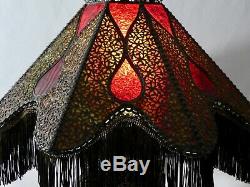 Original Victorian Oil-To-Electric 8-Sided LAMP Fringed Shade. Stained Glass. 30H