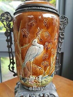 Original Victorian Zsolnay Pecs Budapest Style Majolica Oil Lamp Ceramic China