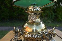 Ornate Brass Oil Lamp Standing on 3 Crested Dragons. Duplex Burner. Green Shade