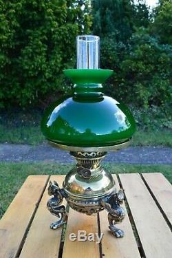 Ornate Brass Oil Lamp Standing on 3 Crested Dragons. Duplex Burner. Green Shade