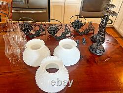 Ornate Cast Iron Wall Sconce Oil Lamp Conv Swivel Arm Brackets & Candle Holders