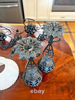 Ornate Cast Iron Wall Sconce Oil Lamp Conv Swivel Arm Brackets & Candle Holders