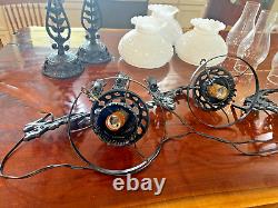 Ornate Cast Iron Wall Sconce Oil Lamp Conv Swivel Arm Brackets & Candle Holders