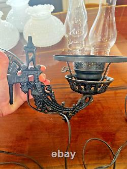 Ornate Cast Iron Wall Sconce Oil Lamp Conv Swivel Arm Brackets & Candle Holders