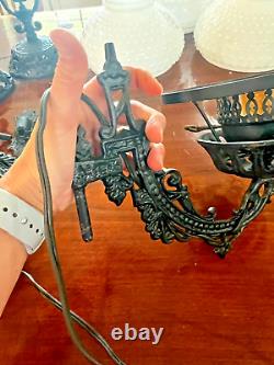 Ornate Cast Iron Wall Sconce Oil Lamp Conv Swivel Arm Brackets & Candle Holders