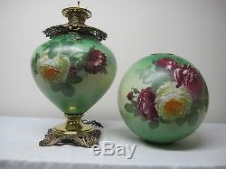 Outstanding Rare Antique Large Gwtw Lamp Decorated With Large Roses