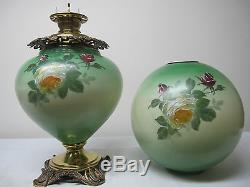 Outstanding Rare Antique Large Gwtw Lamp Decorated With Large Roses