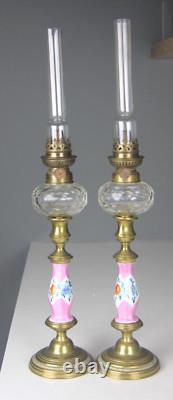 PAIR OF ANTIQUE KOSMOS W & W GLASS KEROSENE LAMPS with BRASS BASE & CHIMNEYS