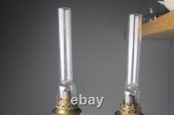 PAIR OF ANTIQUE KOSMOS W & W GLASS KEROSENE LAMPS with BRASS BASE & CHIMNEYS