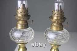 PAIR OF ANTIQUE KOSMOS W & W GLASS KEROSENE LAMPS with BRASS BASE & CHIMNEYS