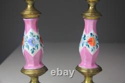 PAIR OF ANTIQUE KOSMOS W & W GLASS KEROSENE LAMPS with BRASS BASE & CHIMNEYS