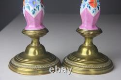 PAIR OF ANTIQUE KOSMOS W & W GLASS KEROSENE LAMPS with BRASS BASE & CHIMNEYS