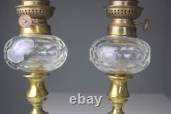 PAIR OF ANTIQUE KOSMOS W & W GLASS KEROSENE LAMPS with BRASS BASE & CHIMNEYS