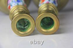 PAIR OF ANTIQUE KOSMOS W & W GLASS KEROSENE LAMPS with BRASS BASE & CHIMNEYS