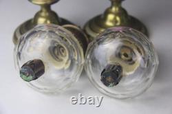 PAIR OF ANTIQUE KOSMOS W & W GLASS KEROSENE LAMPS with BRASS BASE & CHIMNEYS