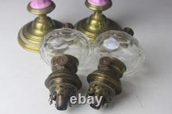 PAIR OF ANTIQUE KOSMOS W & W GLASS KEROSENE LAMPS with BRASS BASE & CHIMNEYS