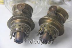PAIR OF ANTIQUE KOSMOS W & W GLASS KEROSENE LAMPS with BRASS BASE & CHIMNEYS