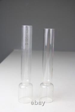 PAIR OF ANTIQUE KOSMOS W & W GLASS KEROSENE LAMPS with BRASS BASE & CHIMNEYS