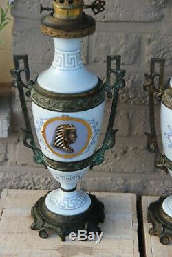 PAIR antique French oil Lamps porcelain Bronze Egypt potrait heads Rare marked
