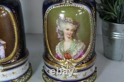 PAIR antique French petrol oil lamps portrait lady vieux bayeux porcelain rare
