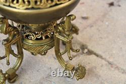 PAIR antique brass oil lamps mythological animals turquoise glass rare