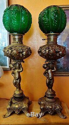 PAIR of Victorian converted Cherub Oil Parlor Table Lamp GWW Green Fenton Shades