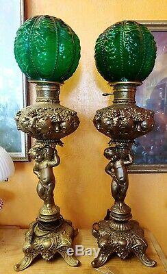 PAIR of Victorian converted Cherub Oil Parlor Table Lamp GWW Green Fenton Shades