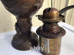 PLUME & ATWOOD P & A RARE ANTIQUE BRASS BRONZE OIL LAMP Asian Motif