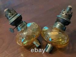 Pair Antique Amber Swirl Glass Kerosene Oil Peg Lamps English Rund Brenner
