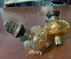 Pair Antique Amber Swirl Glass Kerosene Oil Peg Lamps English Rund Brenner