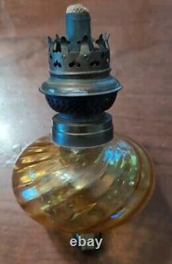 Pair Antique Amber Swirl Glass Kerosene Oil Peg Lamps English Rund Brenner