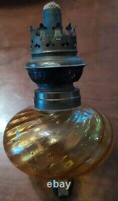 Pair Antique Amber Swirl Glass Kerosene Oil Peg Lamps English Rund Brenner