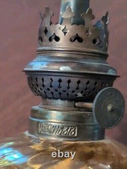 Pair Antique Amber Swirl Glass Kerosene Oil Peg Lamps English Rund Brenner