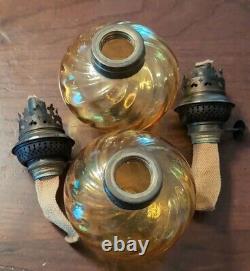 Pair Antique Amber Swirl Glass Kerosene Oil Peg Lamps English Rund Brenner