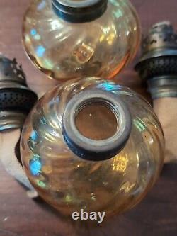 Pair Antique Amber Swirl Glass Kerosene Oil Peg Lamps English Rund Brenner