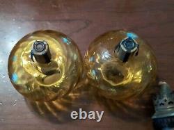 Pair Antique Amber Swirl Glass Kerosene Oil Peg Lamps English Rund Brenner